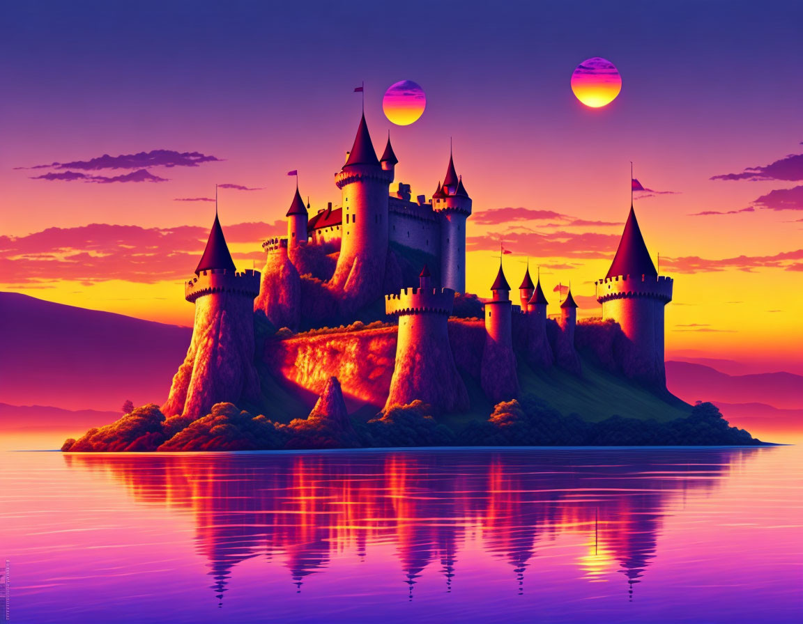 Fantasy castle with spires on an island under purple sky