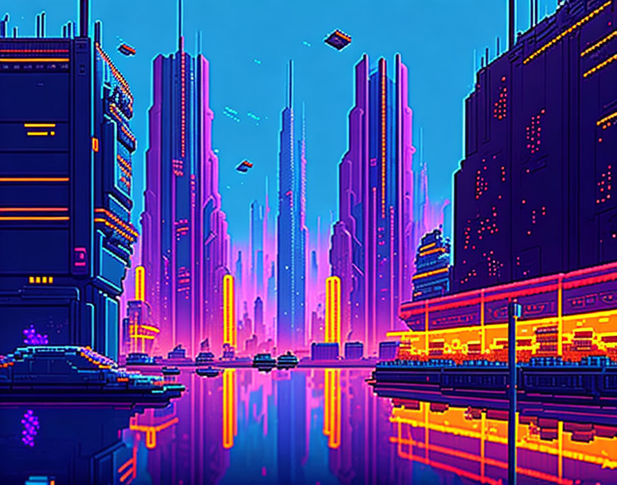 2D Pixel Art Image of a Futuristic Cyberpunk City