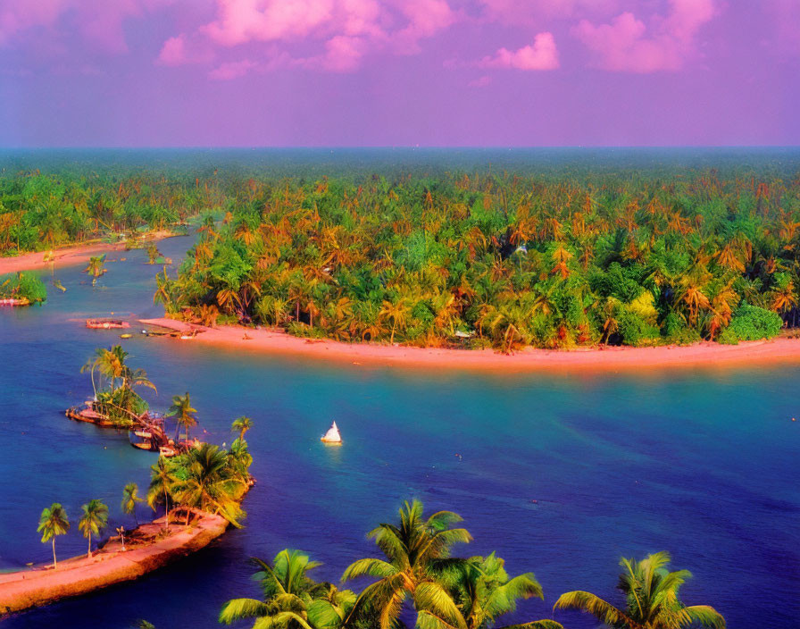 Tropical shoreline with palm trees, sailboat, turquoise waters, pink sky