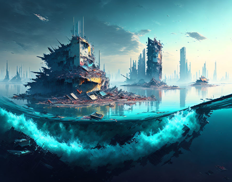Water painting of a destroyed floating city