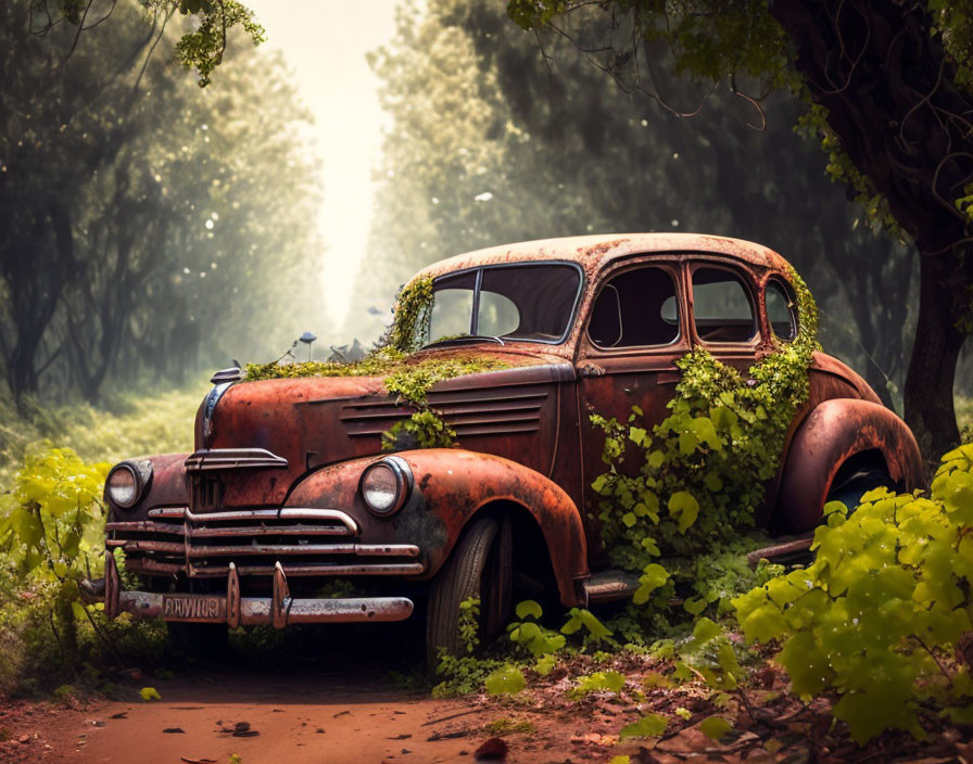 Abandoned rusty car covered in ivy under trees on misty path