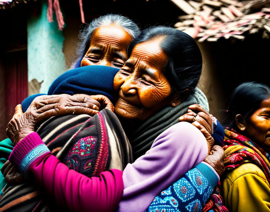 Elderly women embracing warmly in traditional clothing
