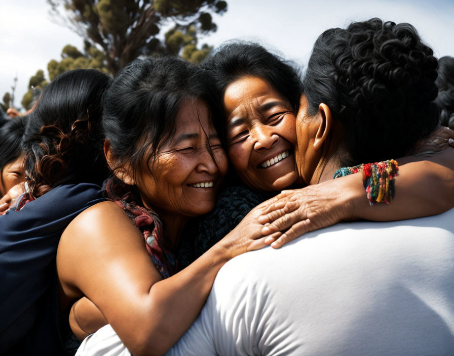 Group of people sharing heartfelt hug with closed eyes and smiles