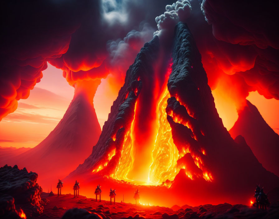 Erupting Volcano with Lava Flows and Silhouetted Observers