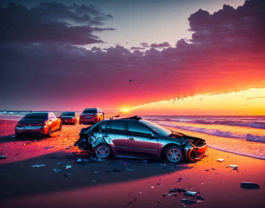 Damaged cars on beach at sunset with vibrant sky and debris