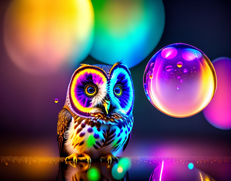 Colorful Digital Owl with Intense Eyes in Bubbly Reflections