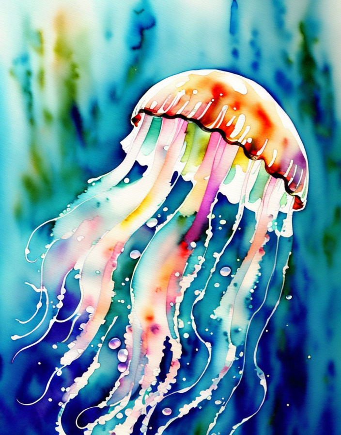 Colorful watercolor painting of a jellyfish with flowing tentacles on speckled blue background