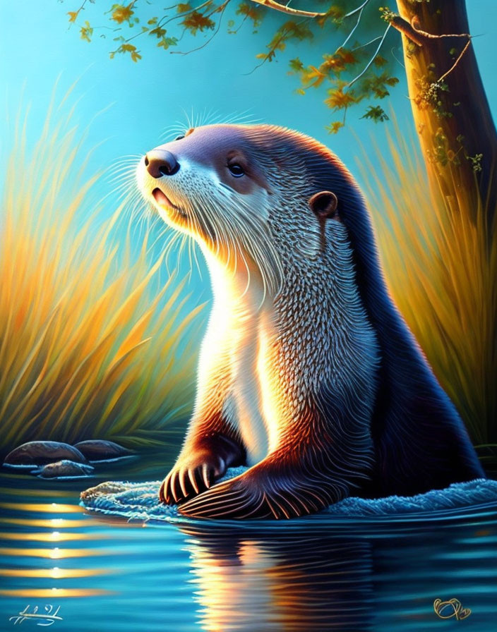 Otter Standing on Rock in Tranquil Waters with Tall Grass