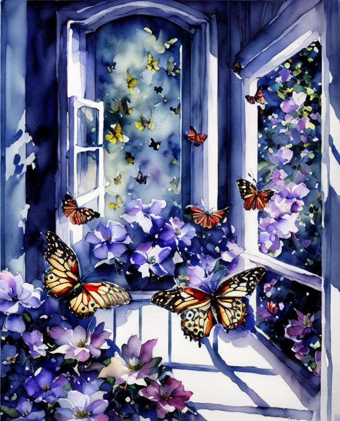 Window with Purple Flowers, Butterflies, and Starry Night Sky