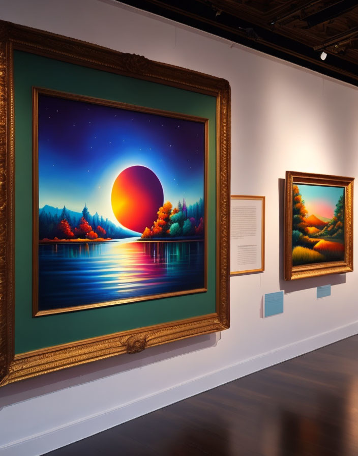 Scenic sunset/sunrise painting over calm lake with trees in art gallery display