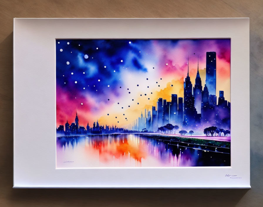Vibrant cityscape watercolor painting at dusk with reflections in deep blues and warm oranges