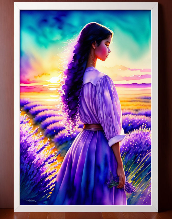Woman in Purple Dress Amidst Lavender Fields at Sunset