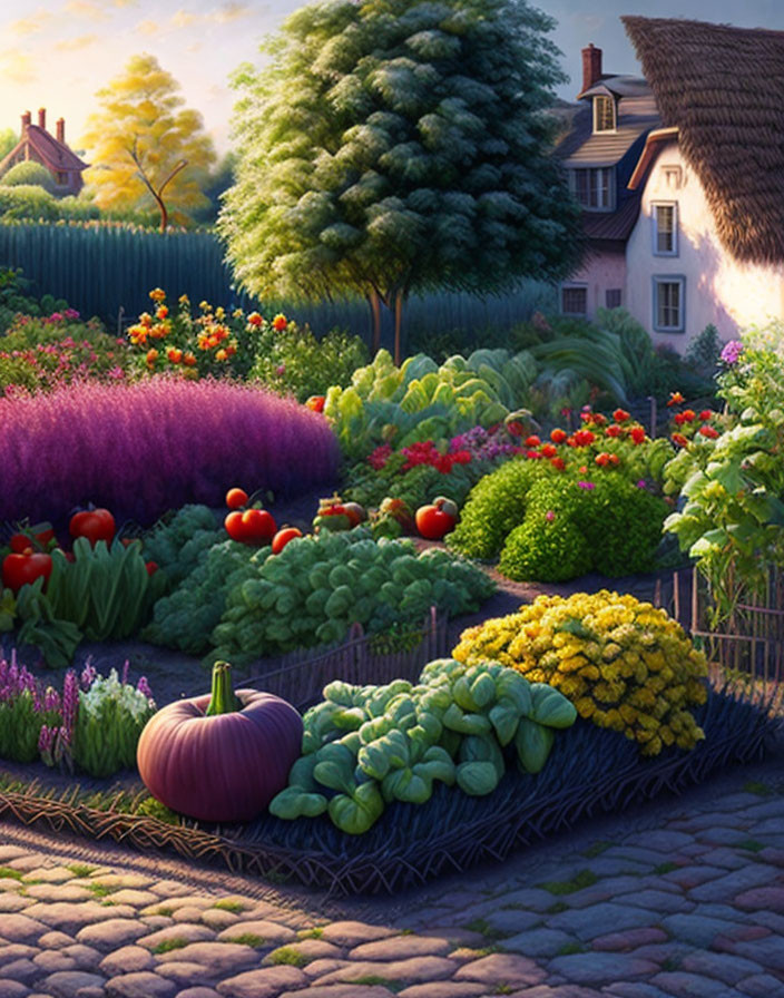 Vibrant garden with ripe vegetables, flowers, cottage, and trees in soft sunlight