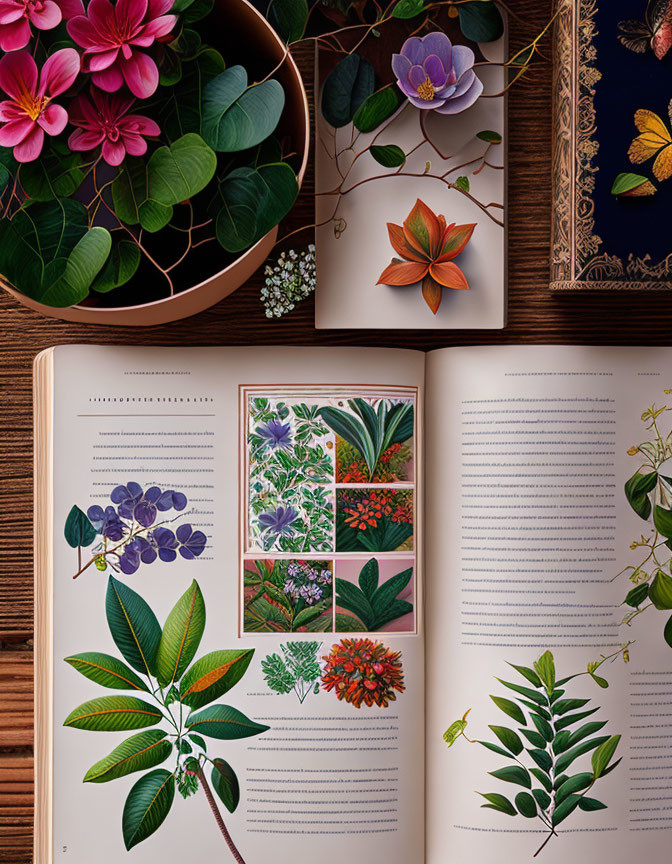 Botanical book with plant illustrations and live flowers on wooden surface