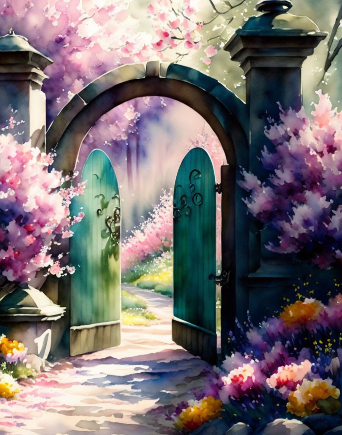 Vibrant painting of garden gate, flower path, archway, and lantern