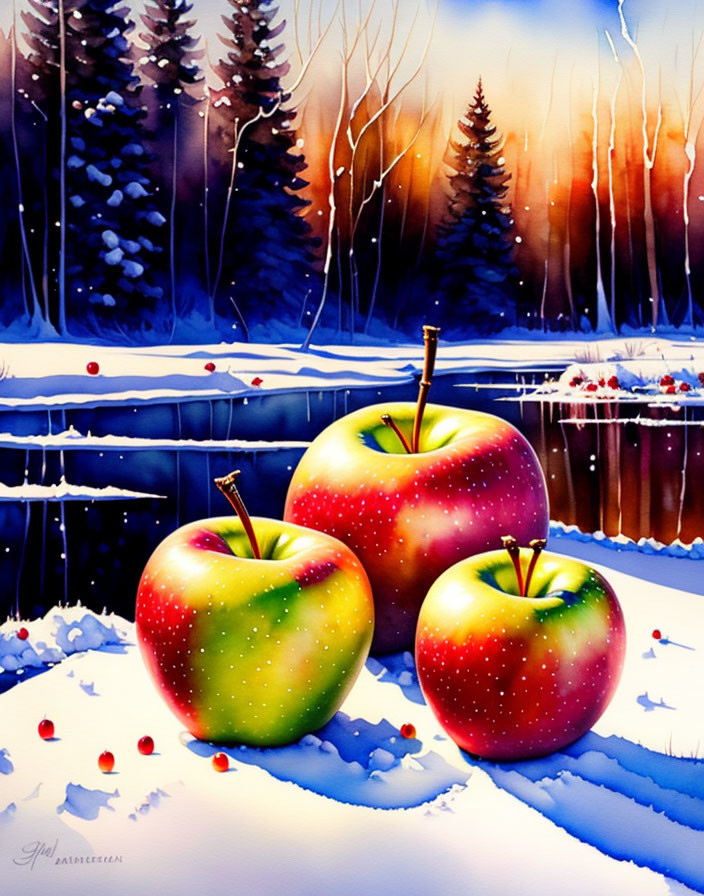 Three vibrant apples on snowy winter landscape with bare trees and frozen river