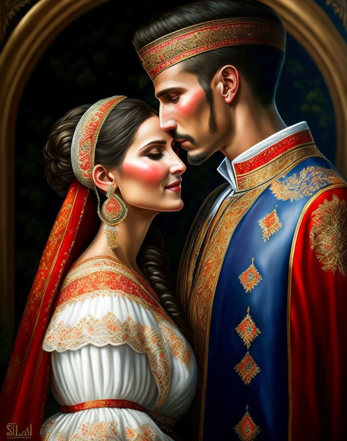 Traditional Attire: Woman in White and Gold, Man in Blue and Red Uniform