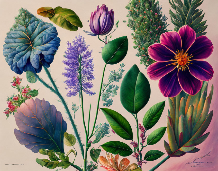 Colorful Botanical Illustration with Detailed Flowers and Leaves on Pale Background