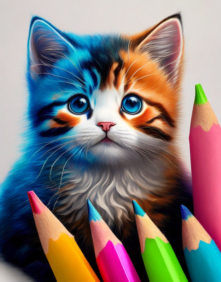 Hyper-realistic drawing of colorful kitten with blue eyes amid sharp colored pencils