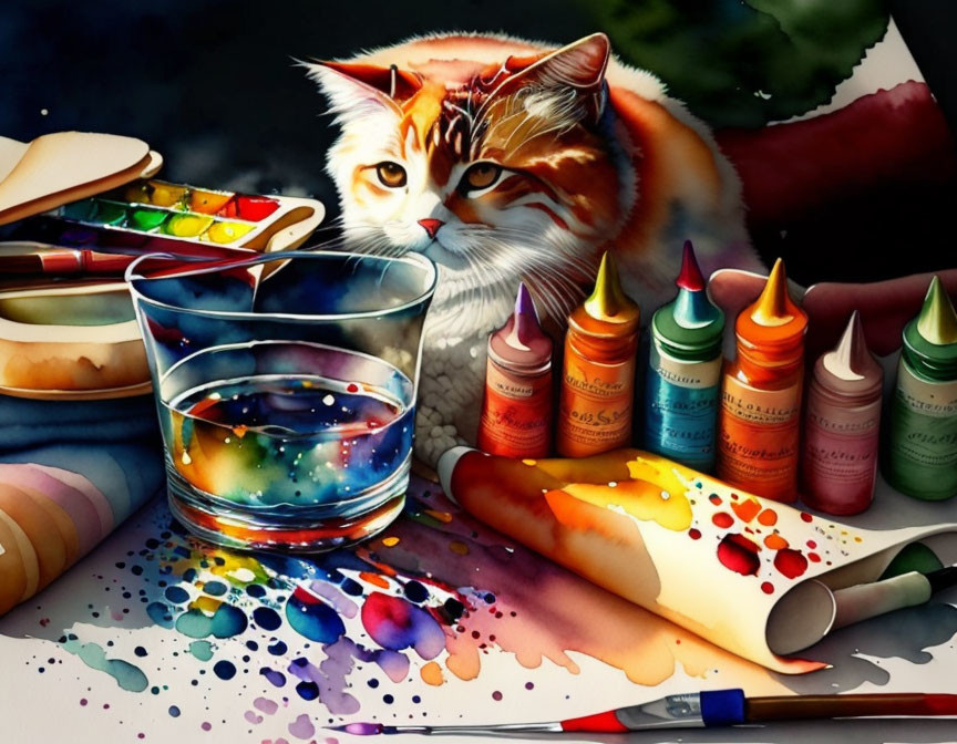 Fluffy cat surrounded by colorful art supplies