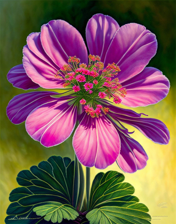 Colorful Digital Artwork: Purple Flower with Pink Stripes, Yellow Highlights, Red Stamens,