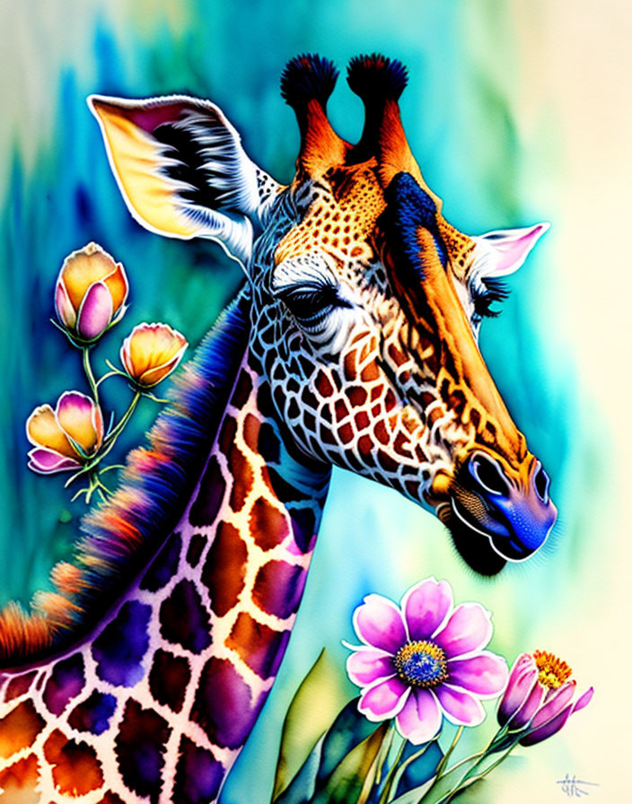 Colorful Giraffe Illustration with Flowers and Blue Patterns
