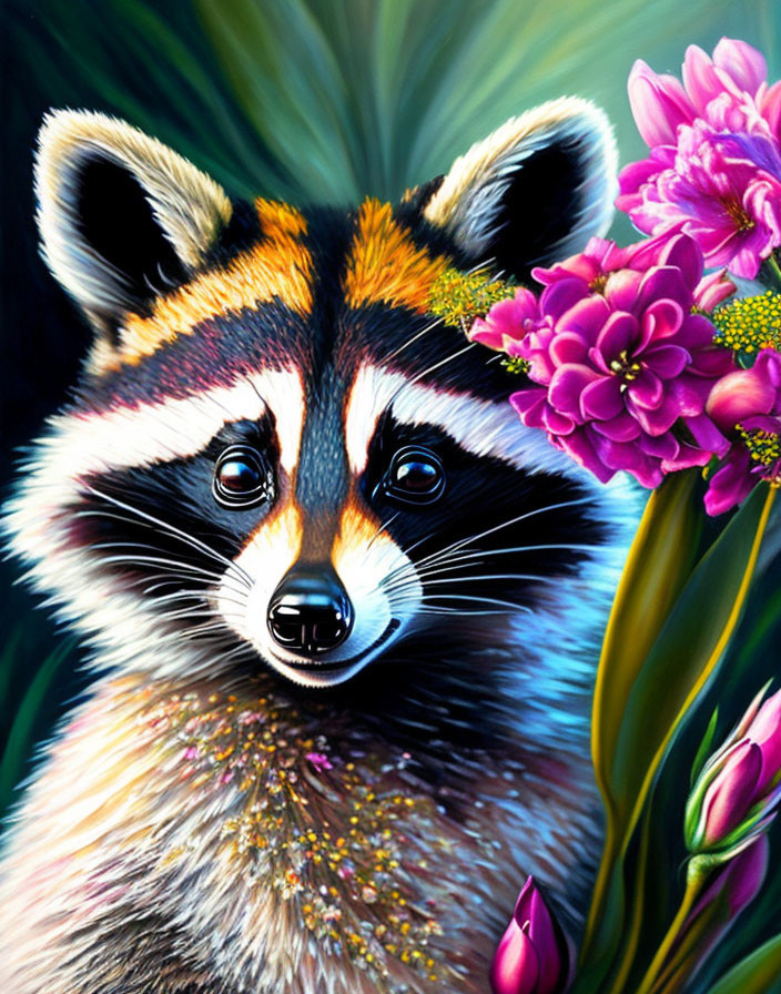 Detailed Raccoon Illustration with Sparkling Fur and Pink Flowers