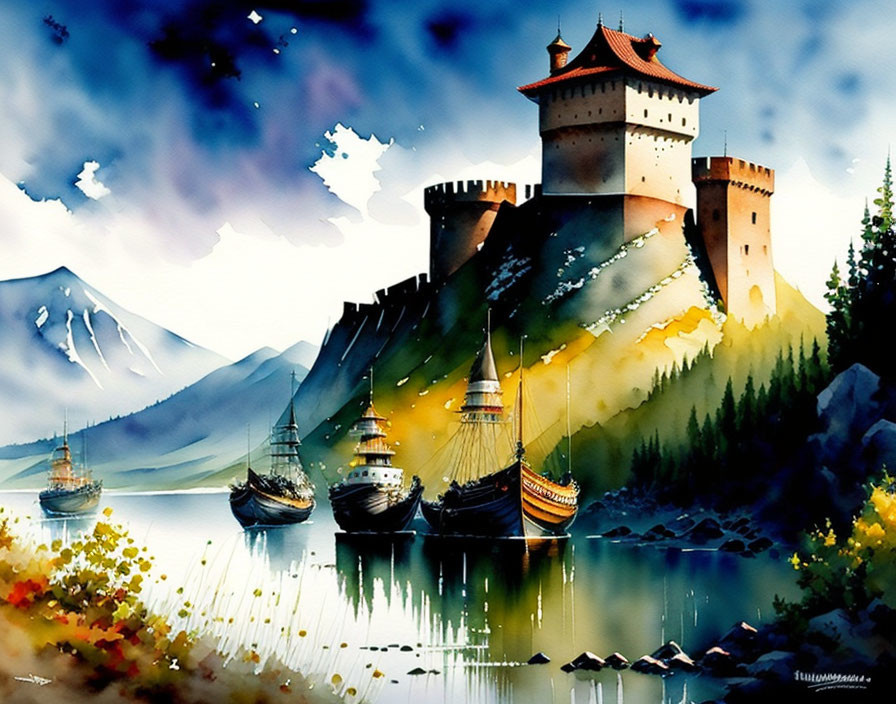 Medieval castle watercolor painting with lake, sailing ships, mountains, and cloudy sky