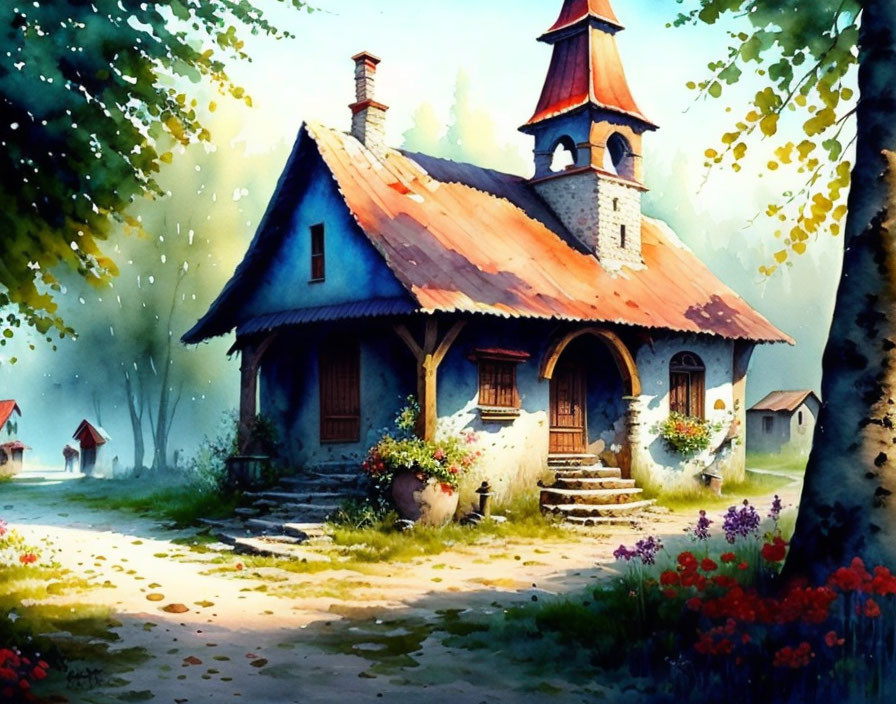 Blue-roofed cottage nestled in lush garden under dappled sunlight