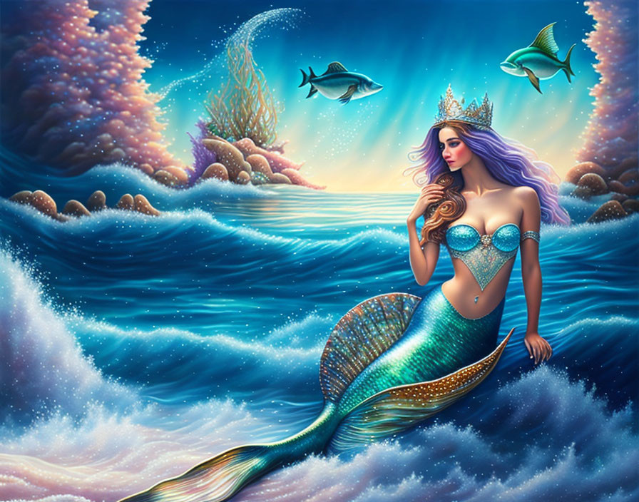 Purple-haired mermaid on rock in magical ocean with sparkling blue tail, fish, coral, and star