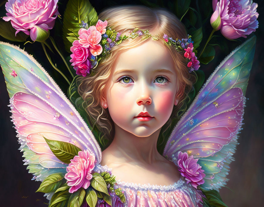 Young girl with pink butterfly wings and flower crown in digital painting