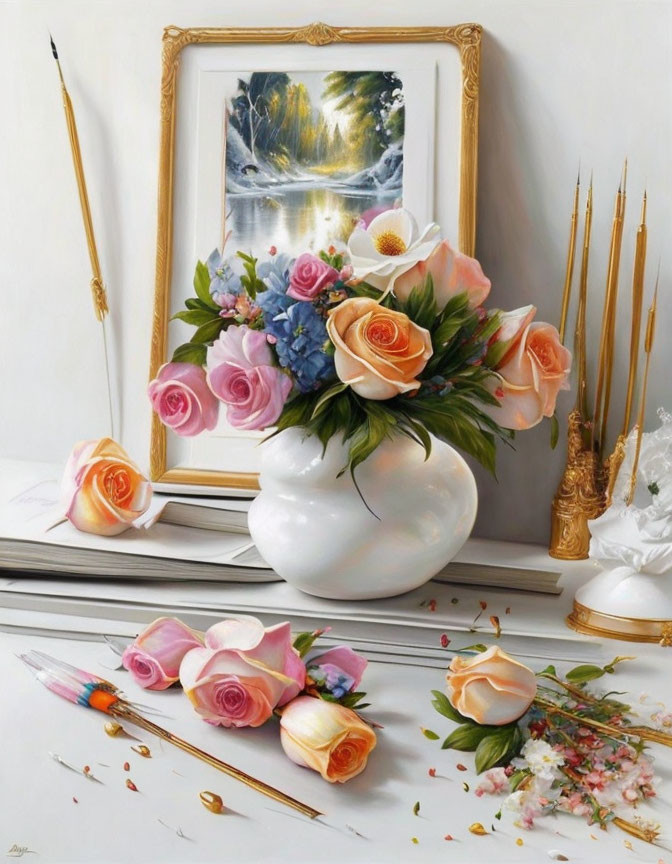 Realistic painting: Bouquet of roses in white vase with scattered petals and paintbrushes next to
