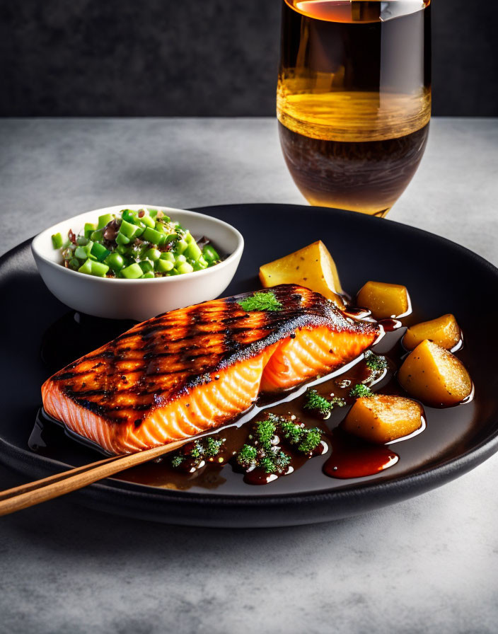 Grilled Salmon Fillet with Roasted Potatoes and Green Peas Plate Composition