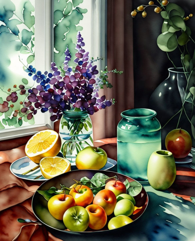 Colorful still life painting with fruits, flowers, and jars by a window