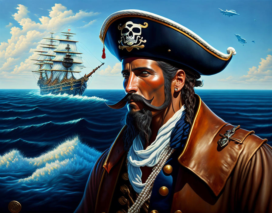 Illustrated portrait of a pirate with black hat and skull emblem, gazing at the ocean and sailing