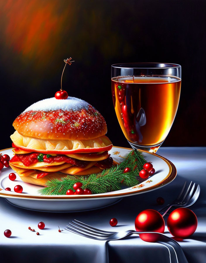 Festive pancake stack with cherry, powdered sugar, amber drink, pine, and berries on
