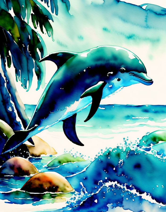 Colorful Watercolor Painting: Dolphin Leaping Over Waves & Tropical Foliage