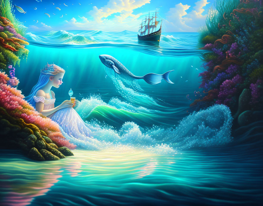 Mermaid princess with glowing trident talks to dolphin near colorful coral reefs in vibrant ocean scene