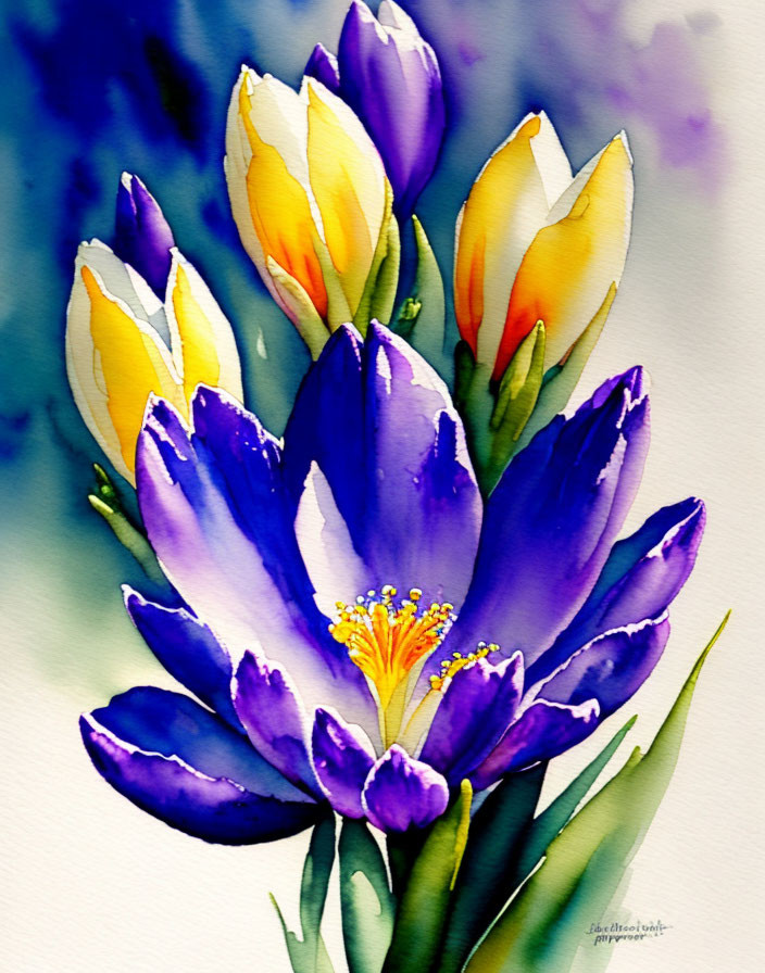 Detailed Watercolor Painting of Purple and Yellow Crocus Flowers