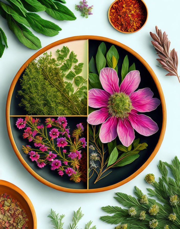 Colorful Herb Circular Layout with Pink Flower on White Background