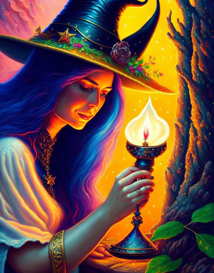 Vibrant illustration: Woman with blue hair in witch's hat holding chalice with flame on orange