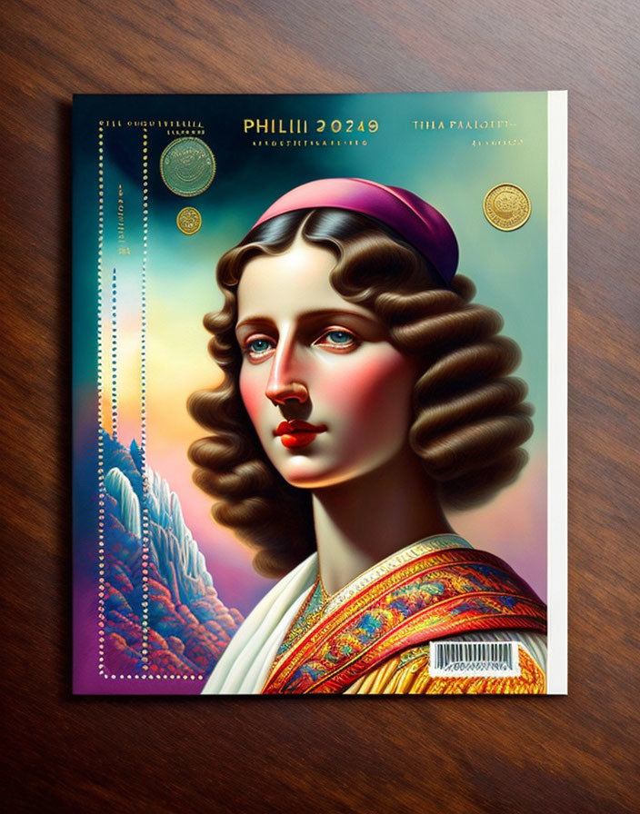 Digital Illustration: Woman with Wavy Hair in Classical Attire on Magazine Cover