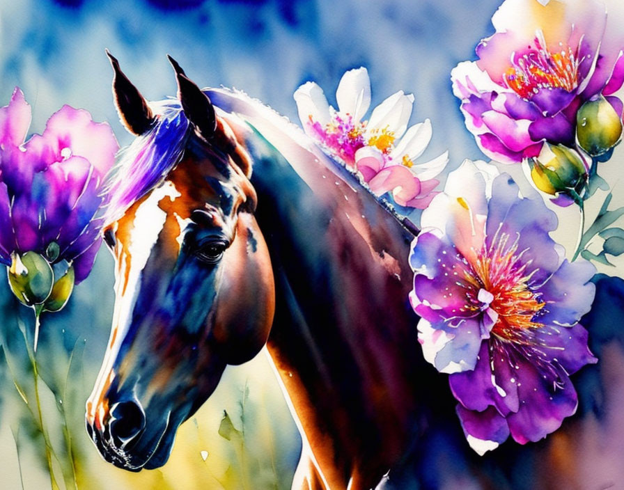 Colorful Watercolor Painting of Horse with Blending Mane and Flowers