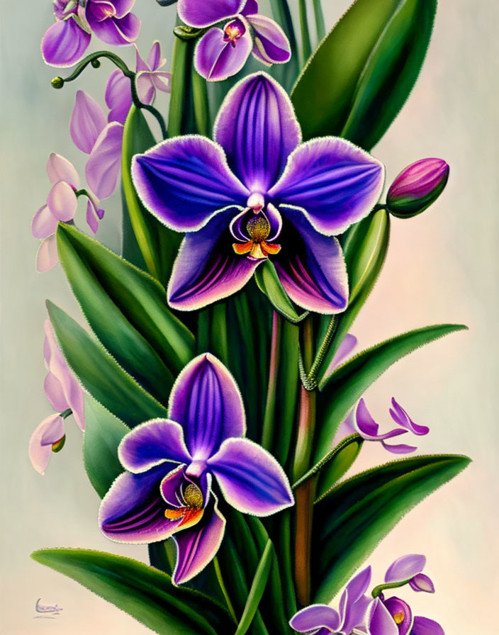 Detailed purple orchid painting with soft-focus background and vibrant colors.