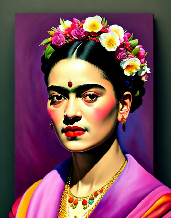 Colorful Portrait of Woman with Floral Headpiece and Traditional Attire