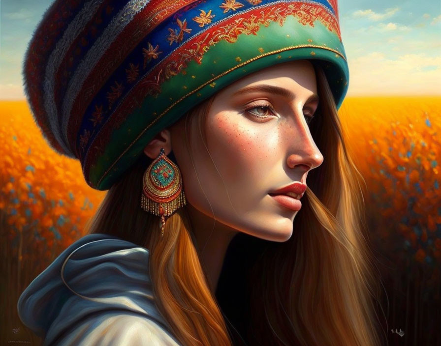 Colorful Headscarf Woman Portrait in Golden Field