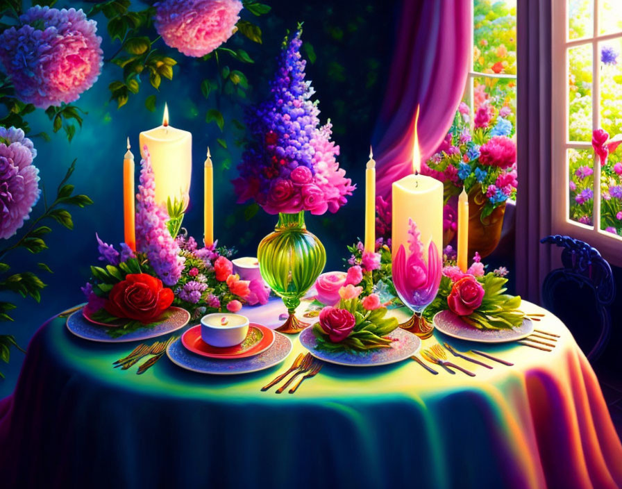 Elegant tablescape with candles, floral arrangements, and tableware by garden-view window