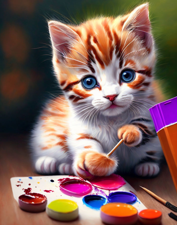 Orange and White Striped Kitten with Blue Eyes Holding Paintbrush Near Spilled Watercolors