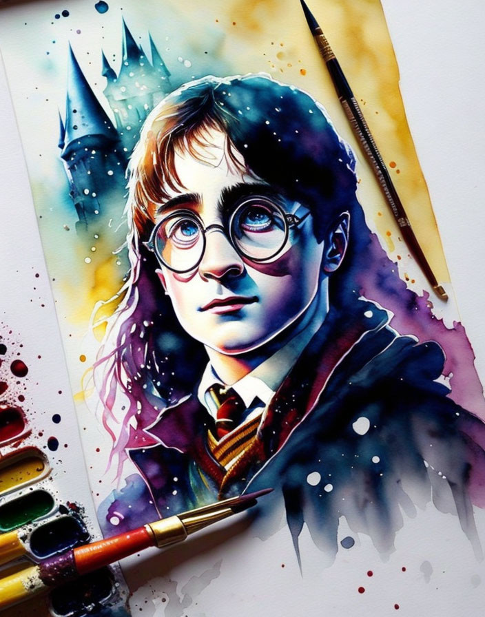 Colorful Watercolor Illustration of Young Wizard with Glasses, Wand, and Hogwarts Uniform