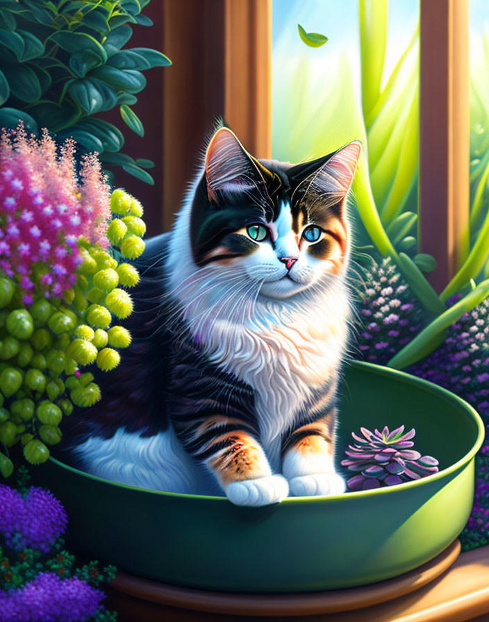 Tabby Cat with Striking Markings in Green Bowl Surrounded by Garden Flowers
